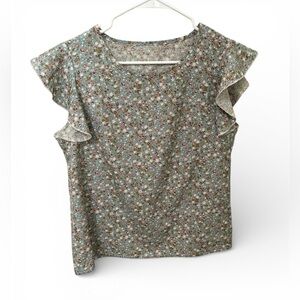 Emery Rose Floral Flutter Sleeve Blouse Blue Green Size Small NWOT